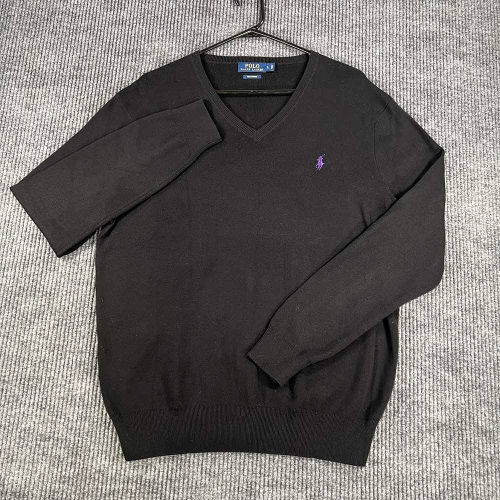Polo Ralph Lauren Sweater Mens Large Black Long Sleeve V Neck Pima Cotton Casual